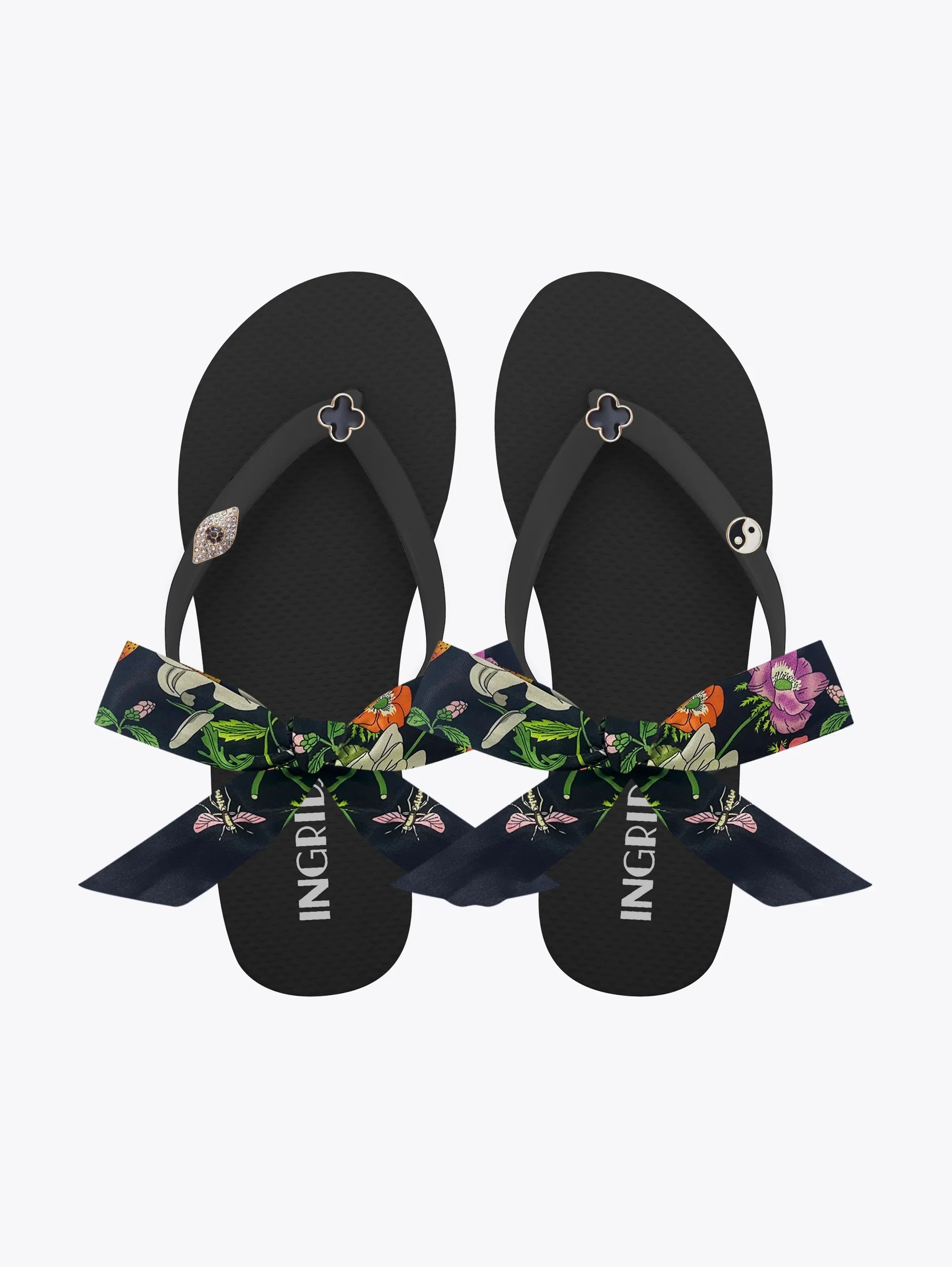 Women's Black Flip Flops with Clover Charms and Floral Detachable Ankl