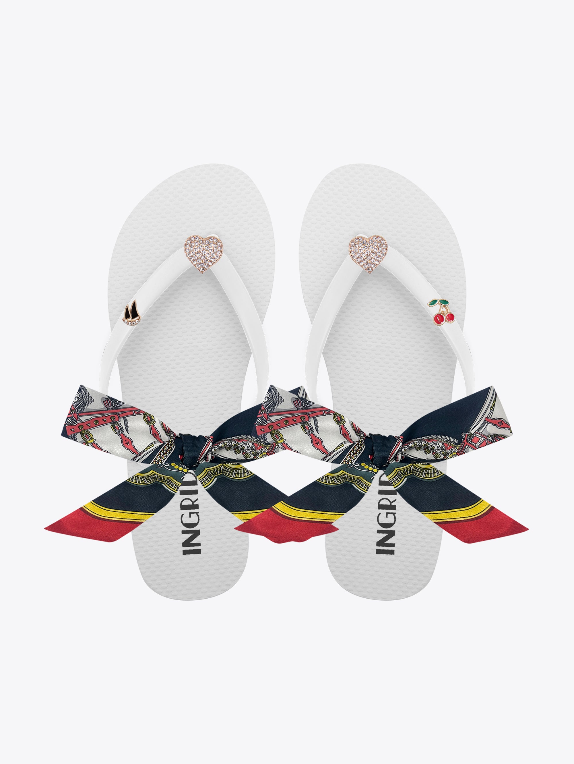 Women's White Flip Flops with Heart Charms and Detachable Ankle Straps- Mare Blanche