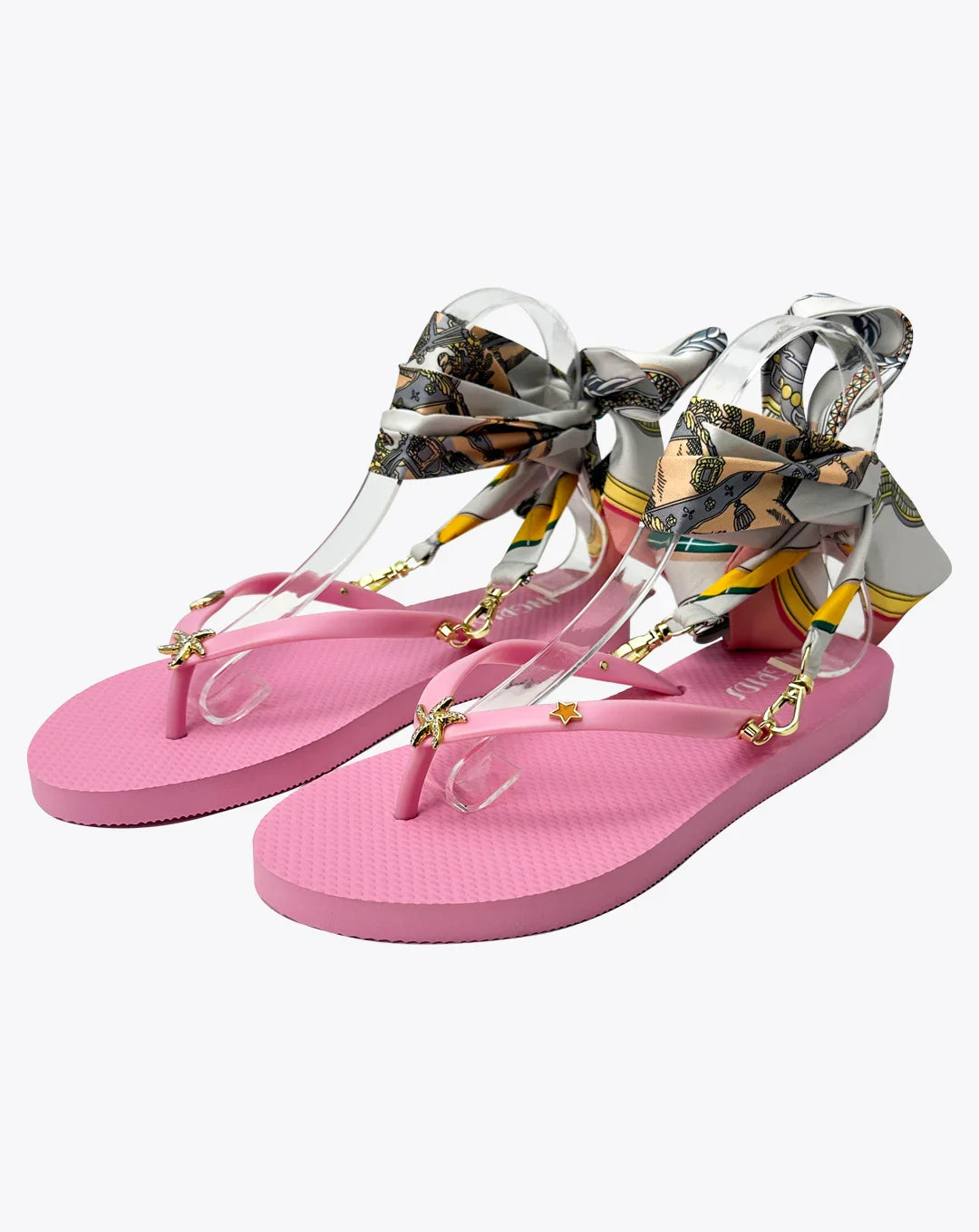 Women's Pink Flip Flops with Gold Starfish Charms and Detachable Ankle Straps- Pink Sorbet