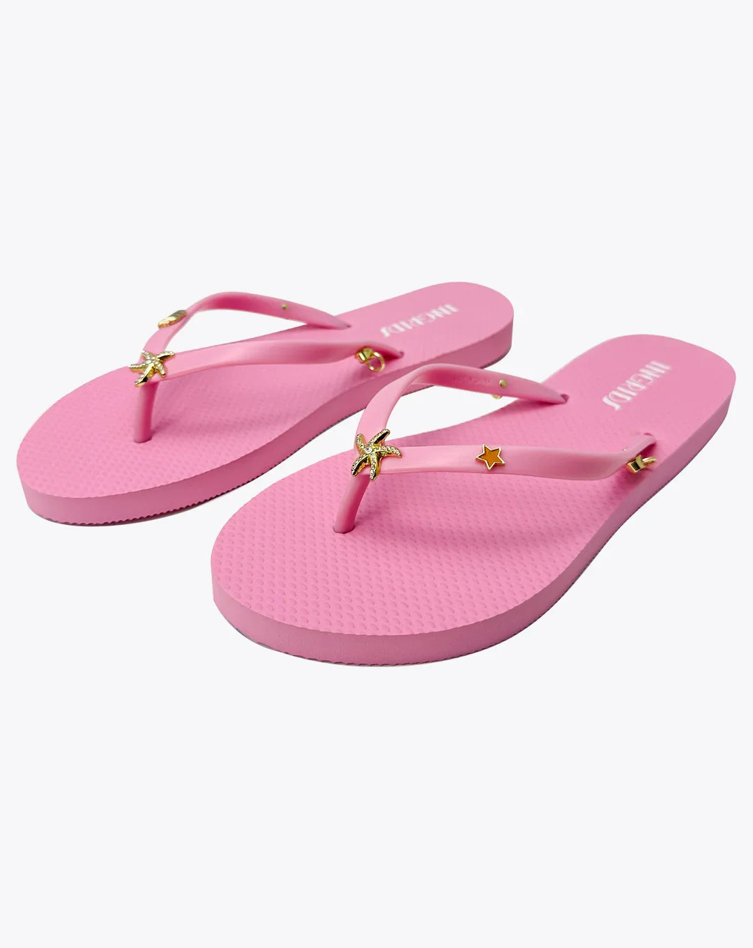 Women's Pink Flip Flops with Gold Starfish Charms and Detachable Ankle Straps- Pink Sorbet