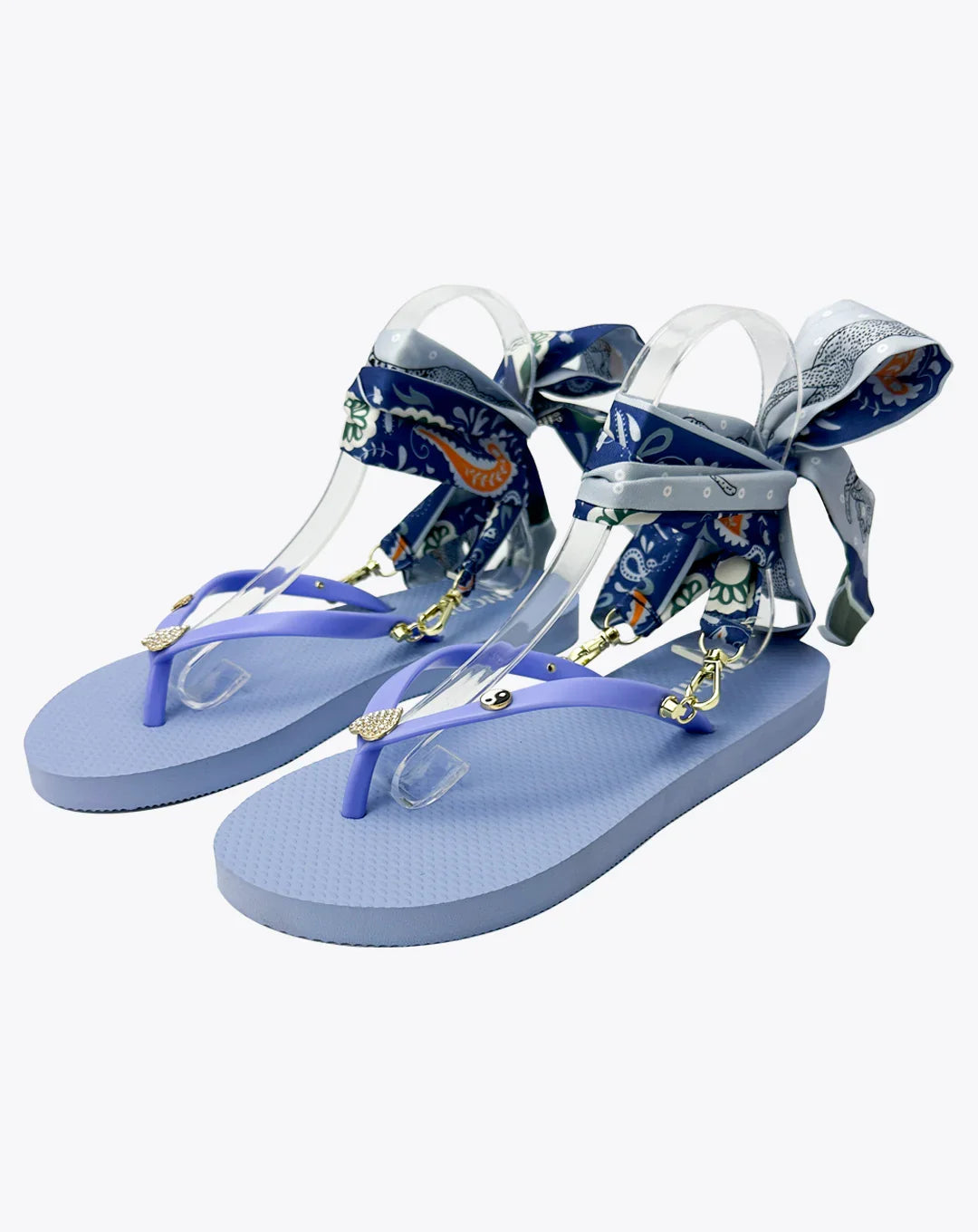 Women's Blue Flip Flops with Crystal Heart Charms and Detachable Ankle Straps- Blue Lagoon