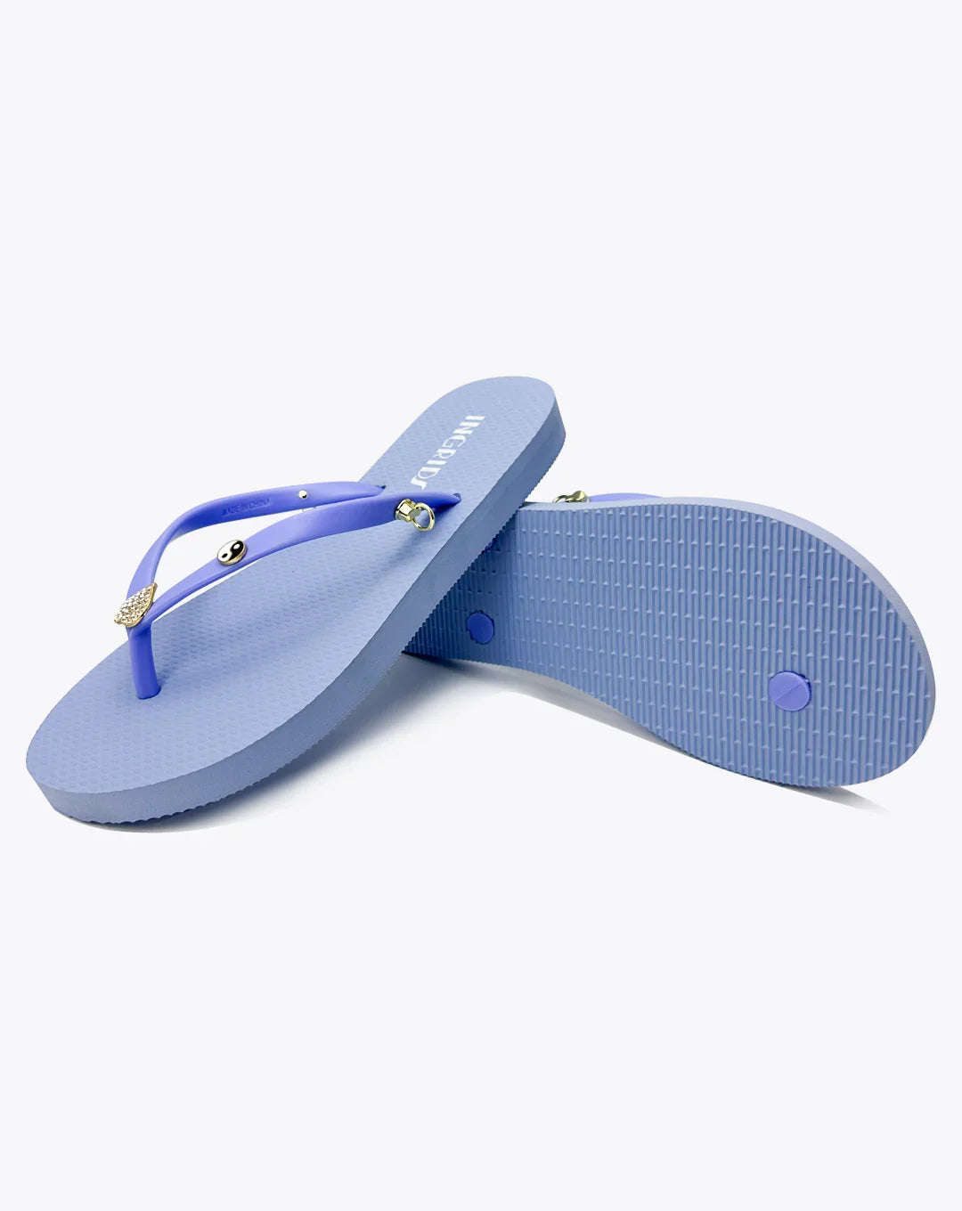Women's Blue Flip Flops with Crystal Heart Charms and Detachable Ankle Straps- Blue Lagoon