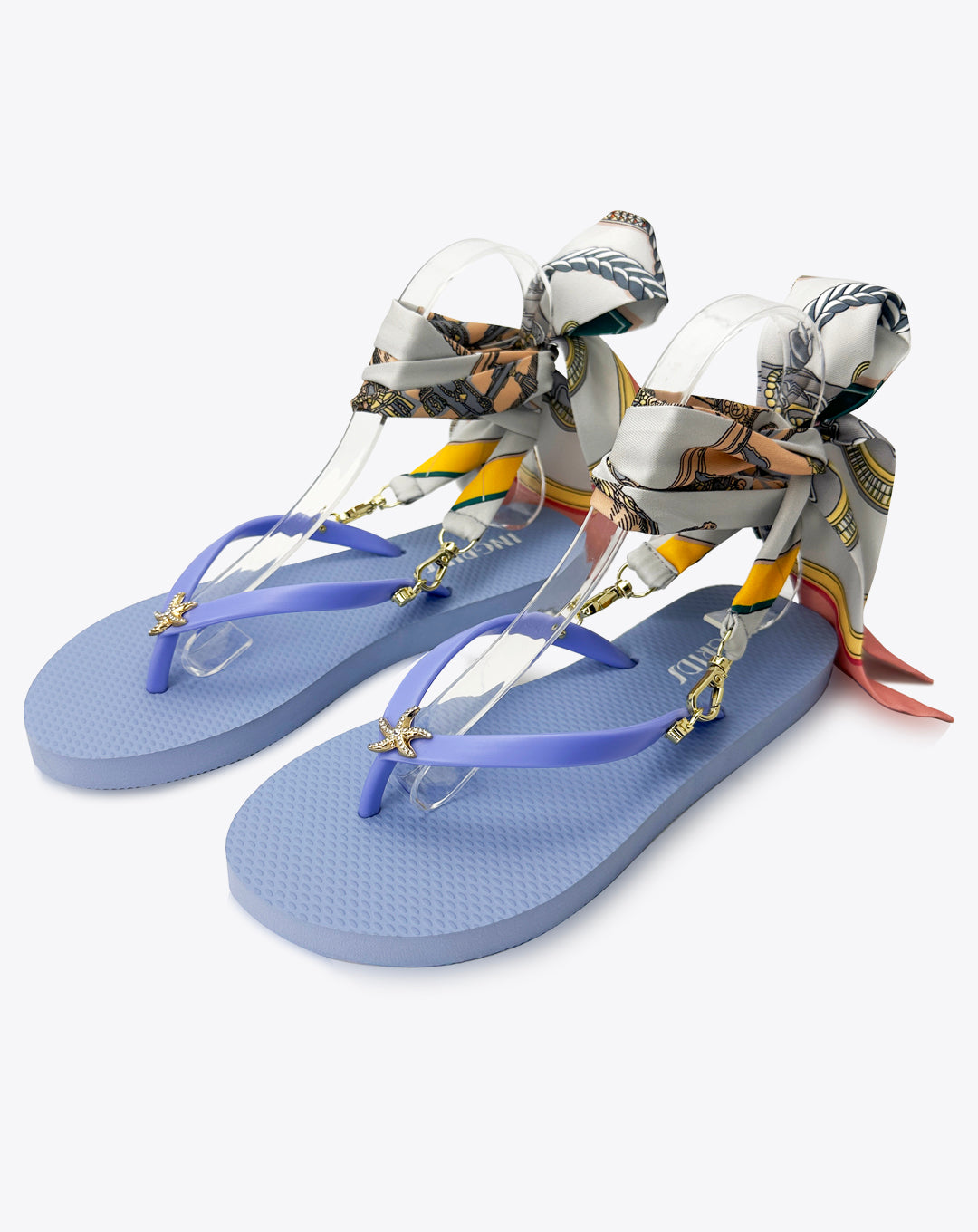 Women's Blue Flip flops with Starfish Charms and Pink Detachable Ankle Straps