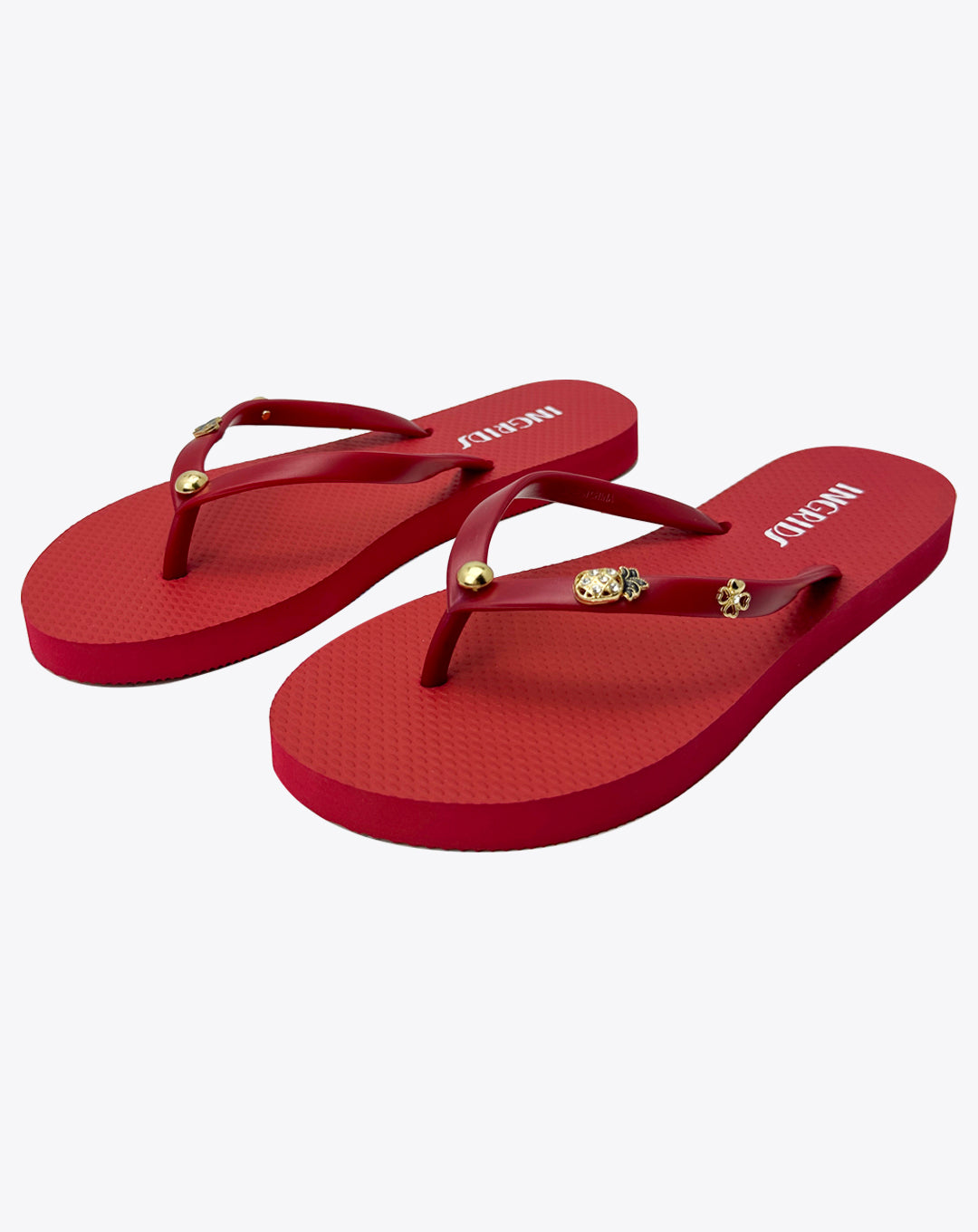 Women’s Cherry Red Flip Flops with Delicate Cute Charms- Strapless Edition