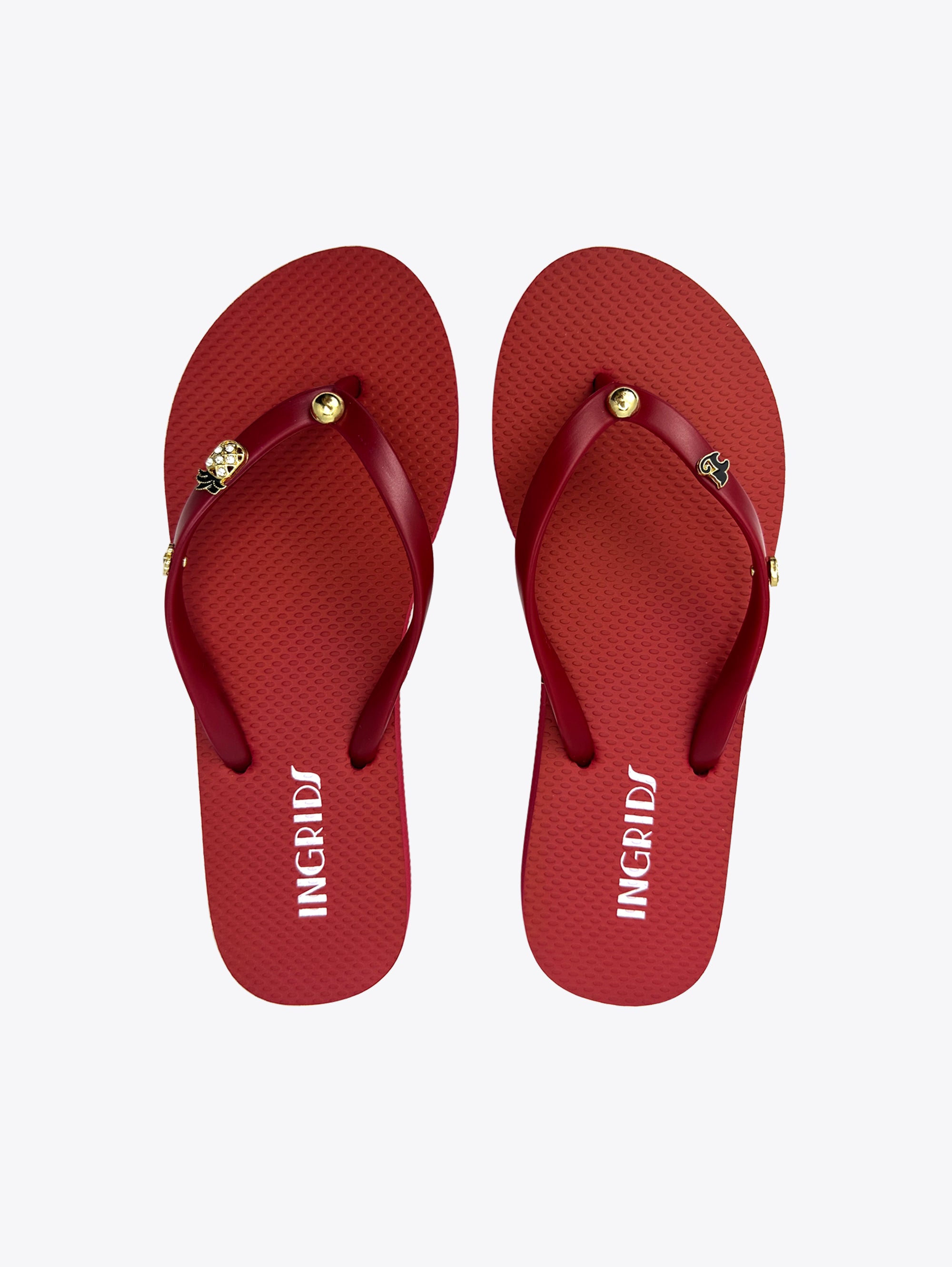 Women’s Cherry Red Flip Flops with Delicate Cute Charms- Strapless Edition