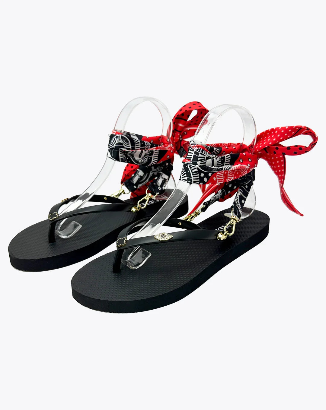 Women's Black Flip Flops with Clover charms and Detachable Ankle Straps- Crimson Noir