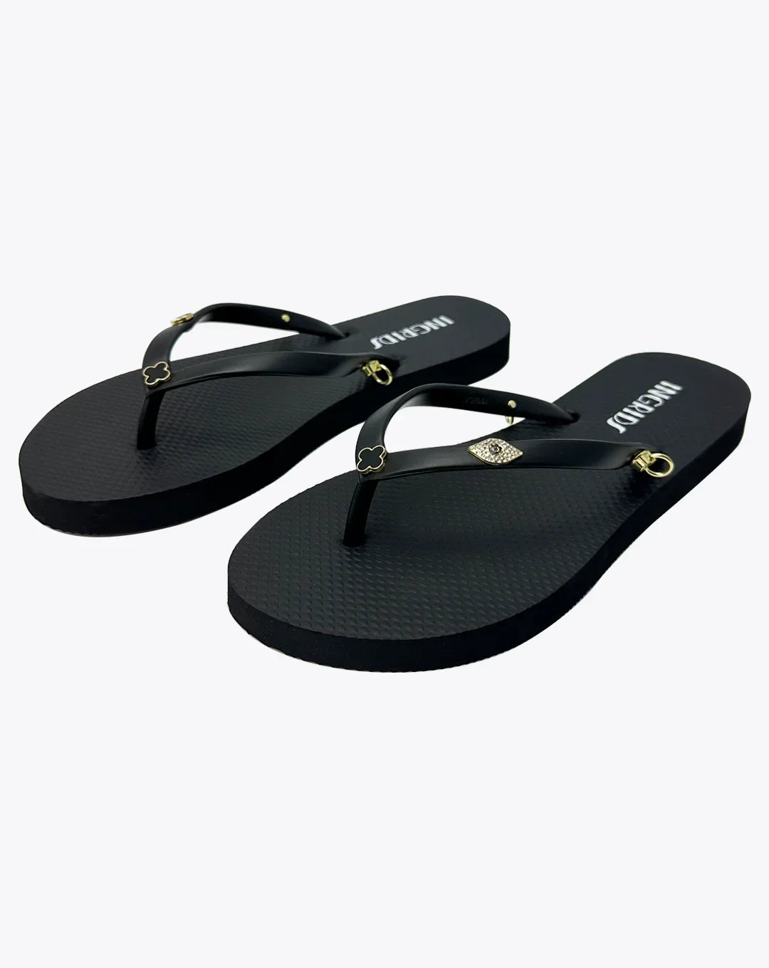 Women's Black Flip Flops with Clover Charms and Floral Detachable Ankle Straps-Floral Bloom