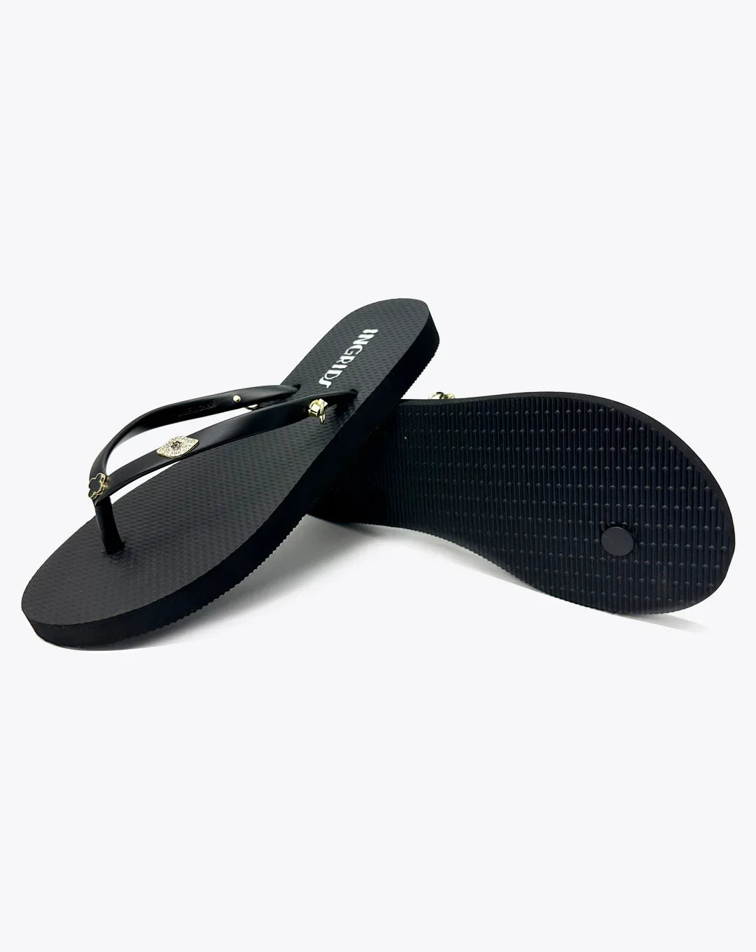 Women's Black Flip Flops with Clover Charms and Floral Detachable Ankle Straps-Floral Bloom