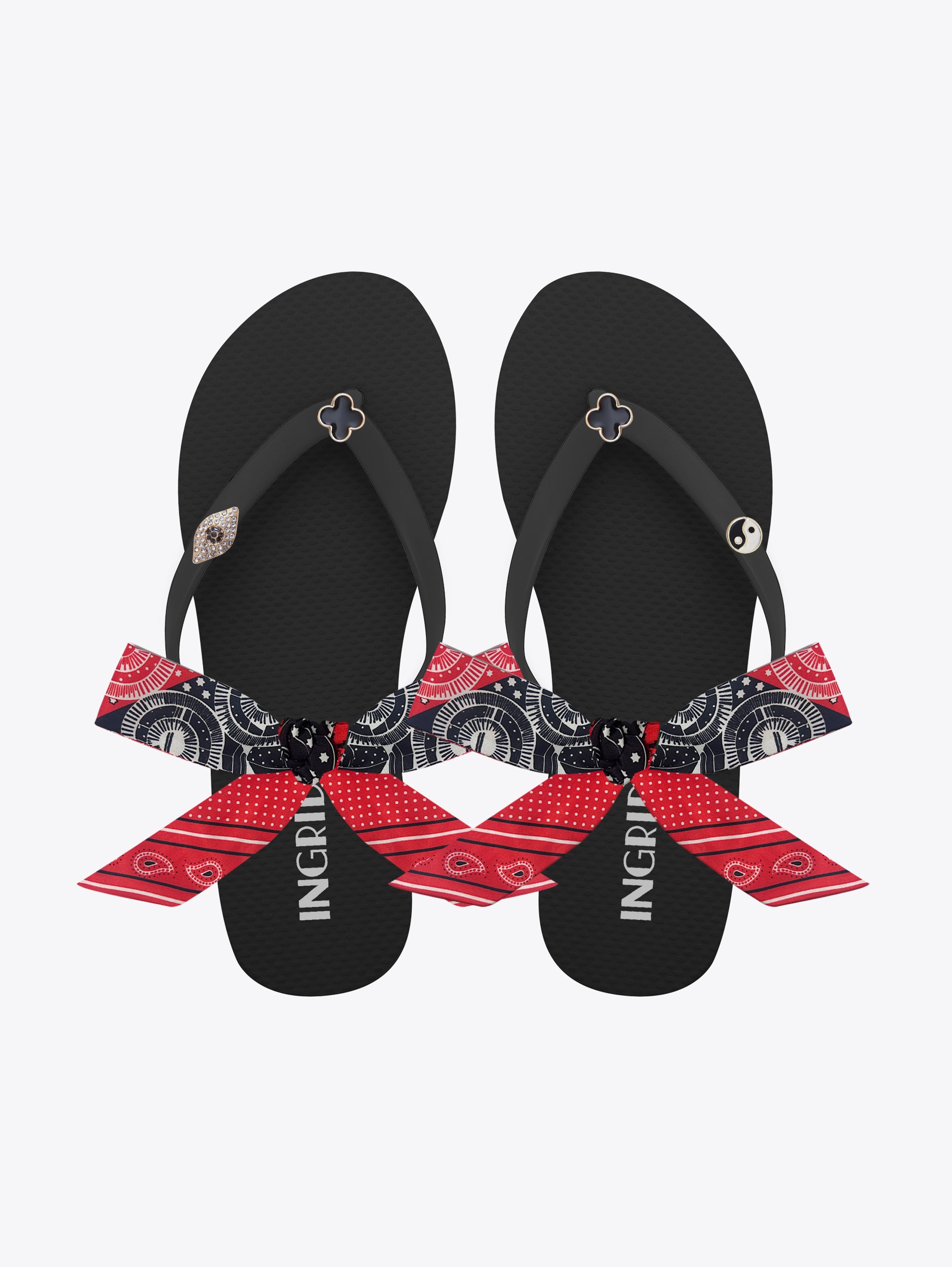 Women's Black Flip Flops with Clover charms and Detachable Ankle Straps- Crimson Noir