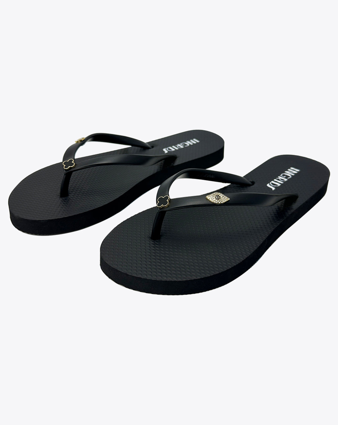 Women’s Black Summer Flip Flops with Cute Clover Charms – Strapless Edition
