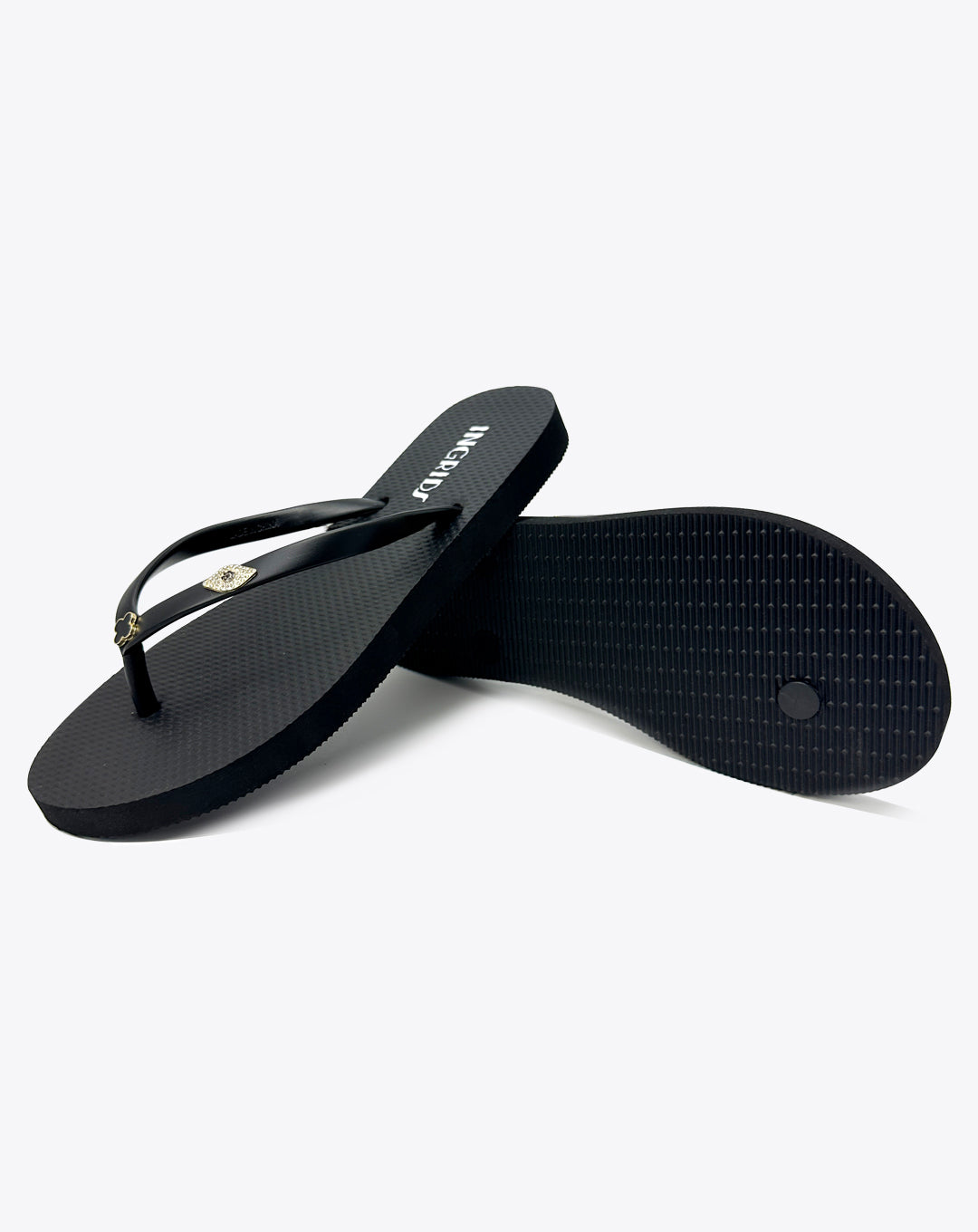Women’s Black Summer Flip Flops with Cute Clover Charms – Strapless Edition