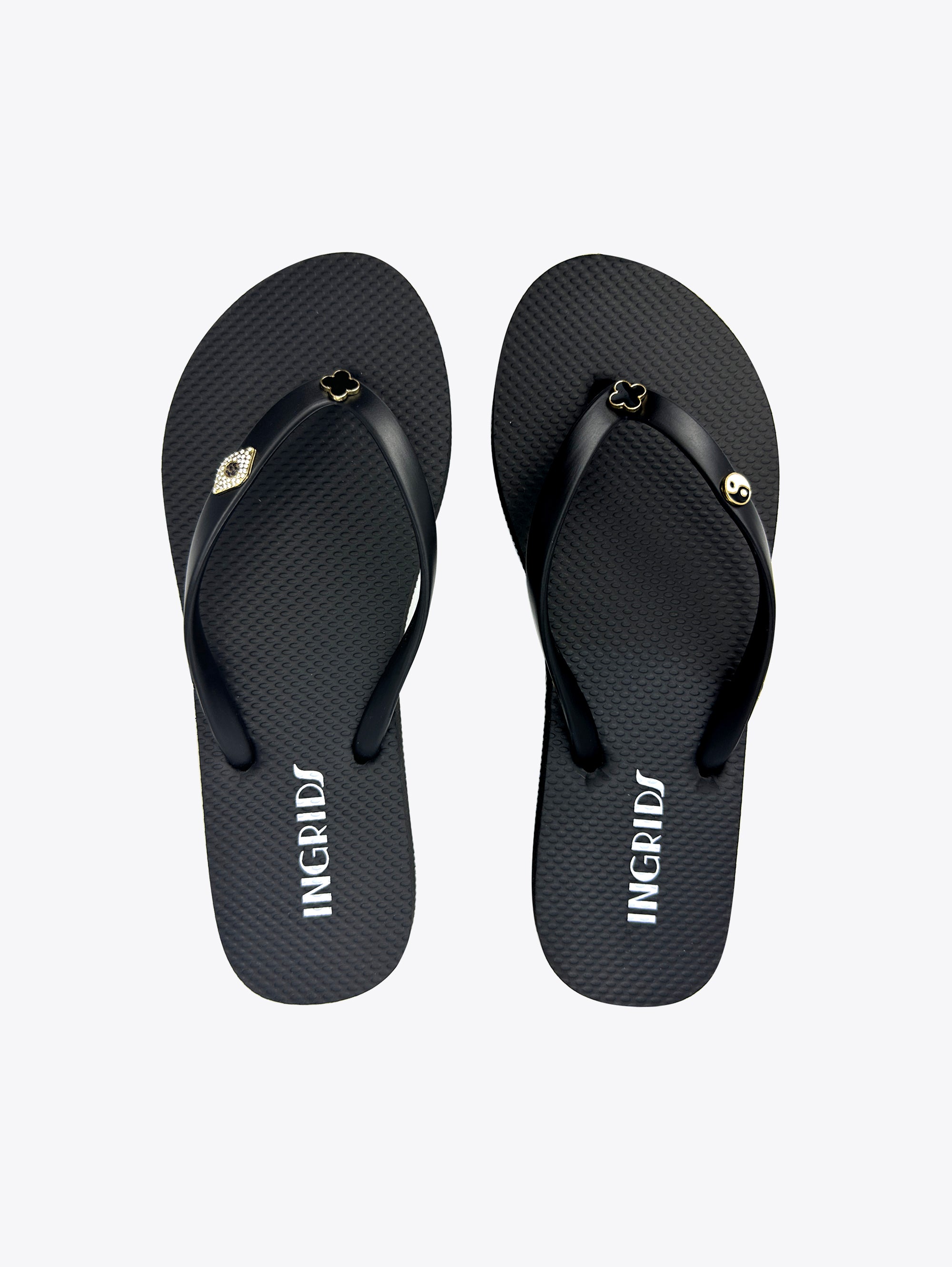 Women’s Black Summer Flip Flops with Cute Clover Charms – Strapless Edition