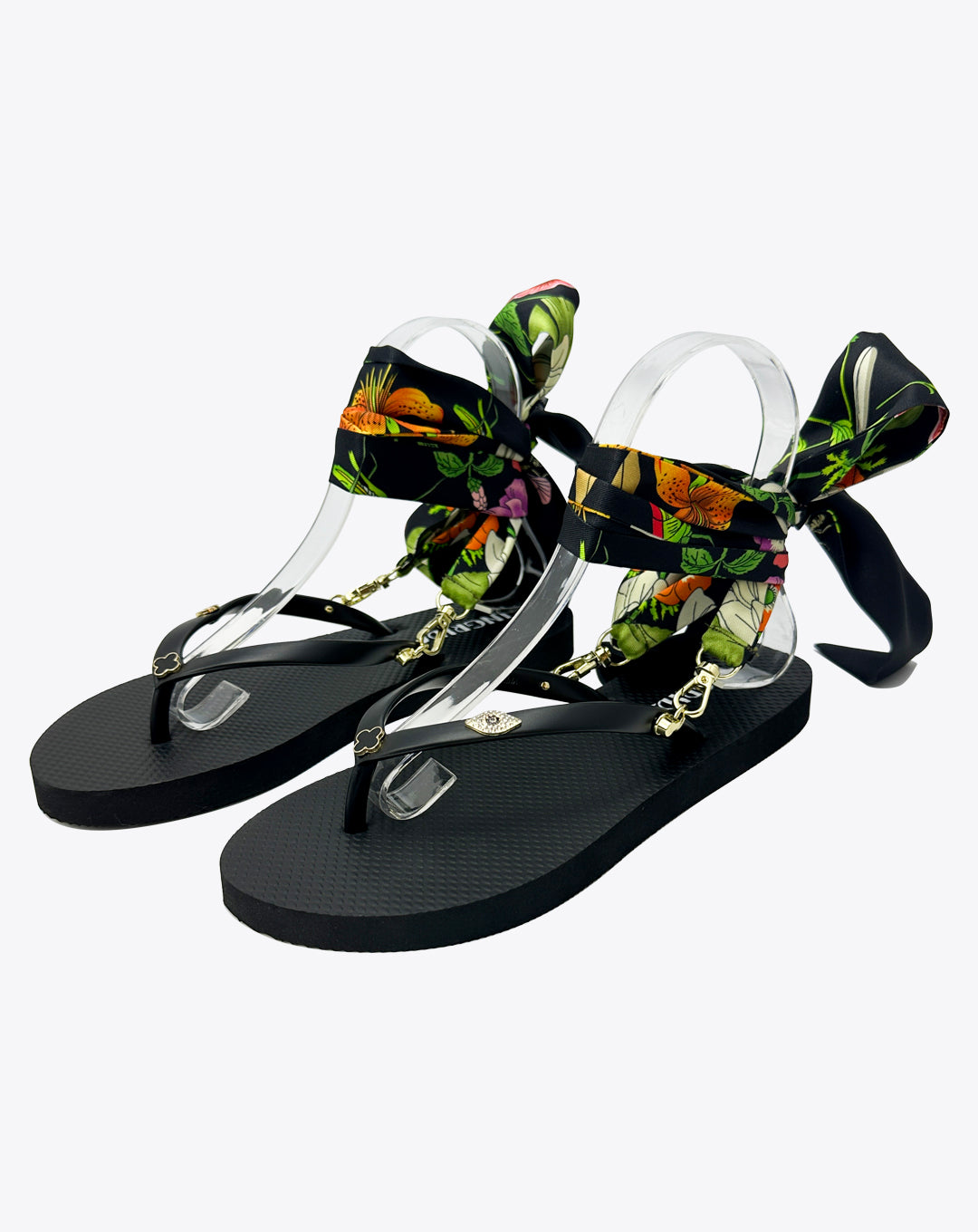 Women's Black Flip Flops with Clover Charms and Floral Detachable Ankle Straps-Floral Bloom