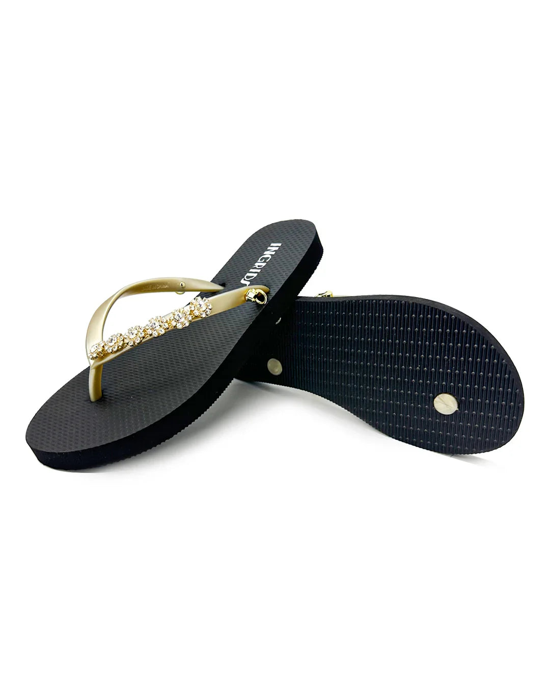 Women's Black & Gold Flip Flops Crystal Charms and Detachable Ankle Straps- Golden Noir