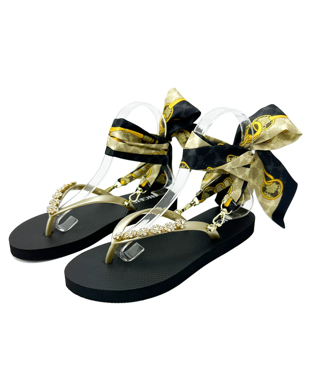 Women's Black & Gold Flip Flops Crystal Charms and Detachable Ankle Straps- Golden Noir
