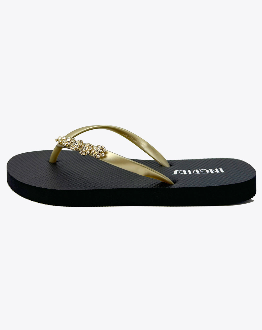 Women’s Black Flip-Flops with Gold Upper and Crystal Charms – Elegant Strapless Sandals