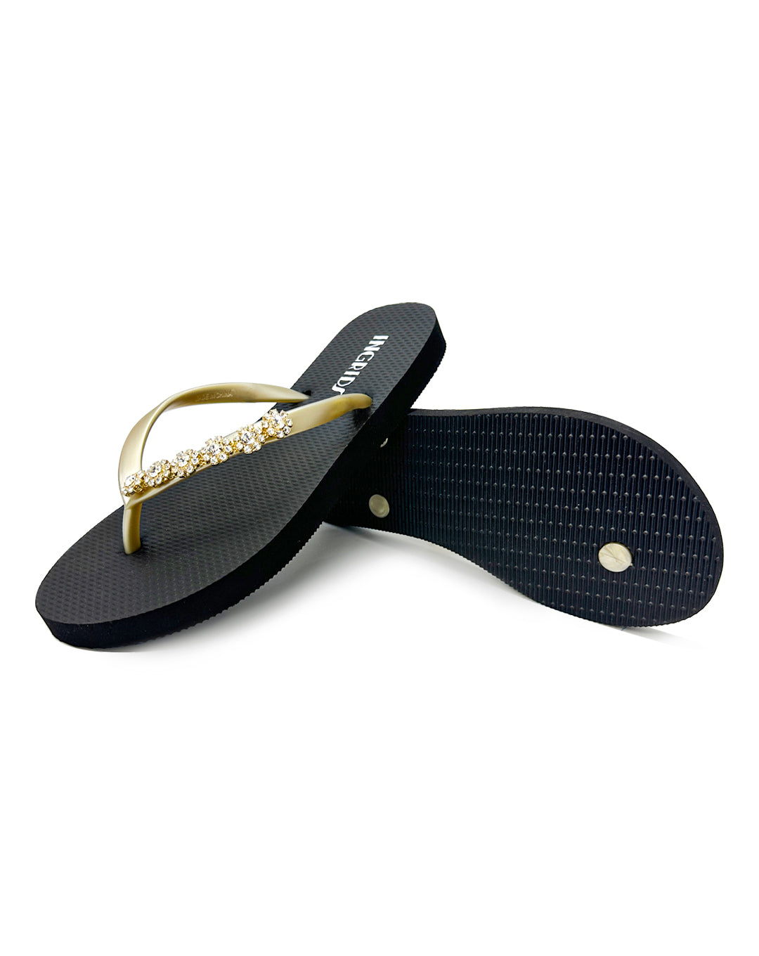 Women’s Black Flip-Flops with Gold Upper and Crystal Charms – Elegant Strapless Sandals