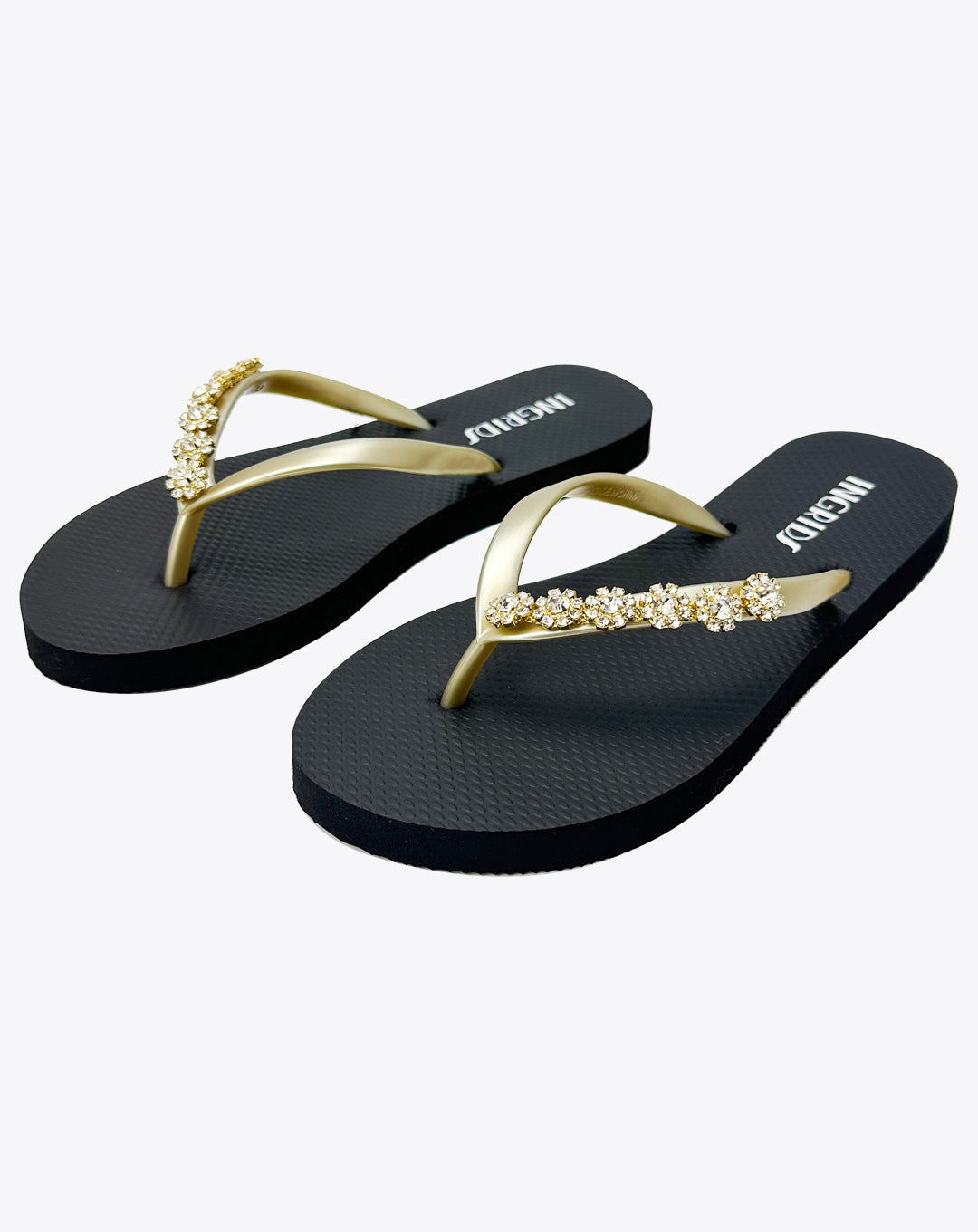 Women’s Black Flip-Flops with Gold Upper and Crystal Charms – Elegant Strapless Sandals