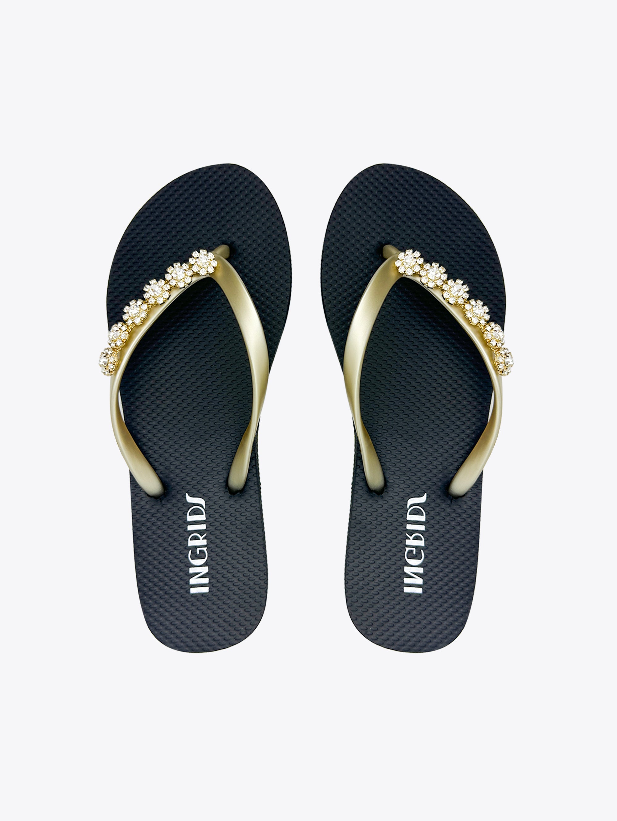 Women’s Black Flip-Flops with Gold Upper and Crystal Charms – Elegant Strapless Sandals