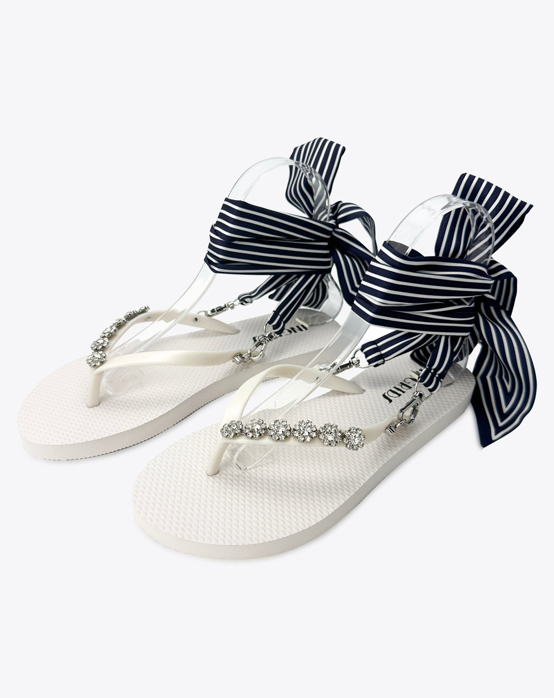 Women's White Flip Flops with Crystal Charms and Stripped Detachable Ankle Straps- Linea Navi
