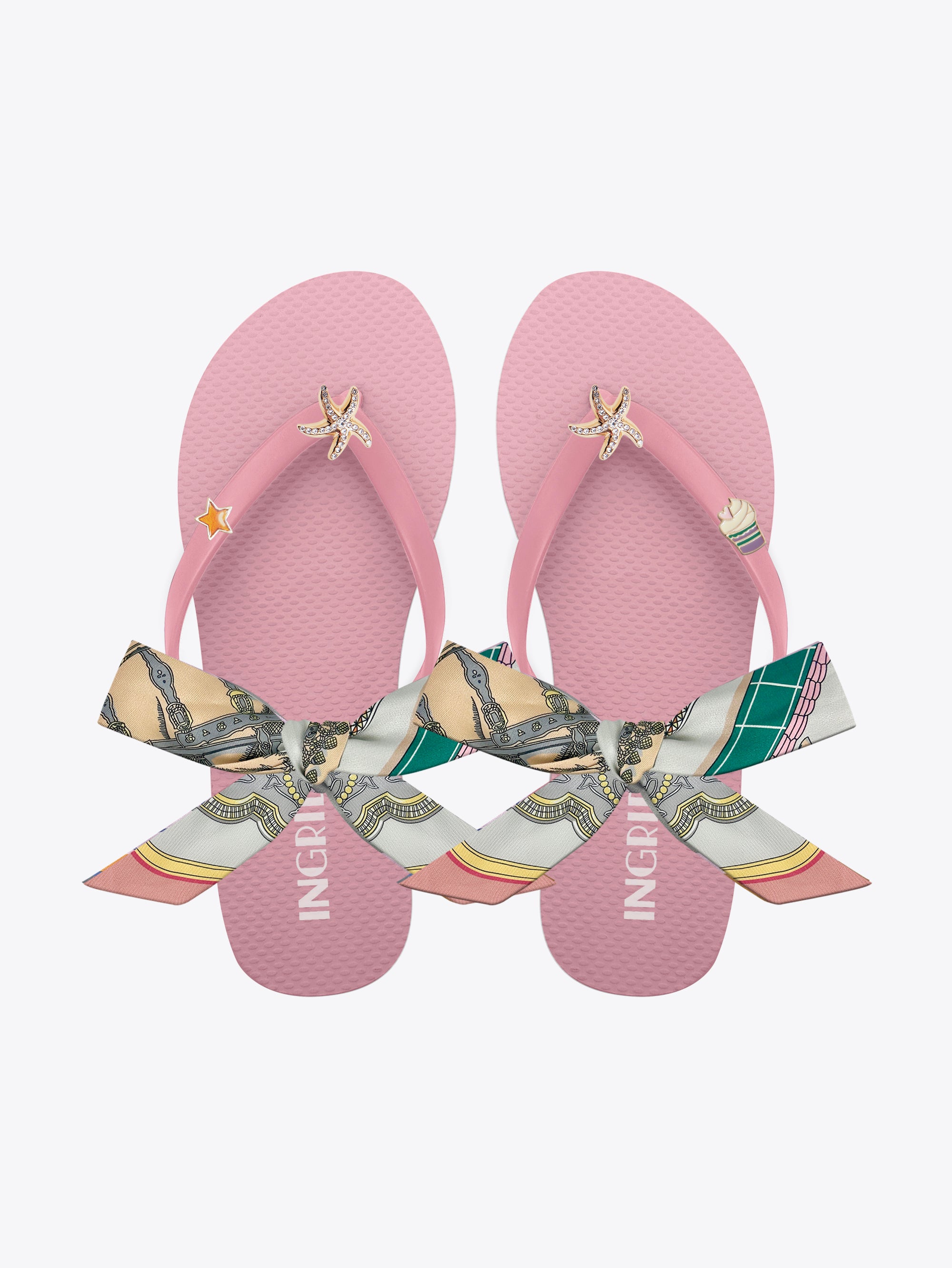 Women's Pink Flip Flops with Gold Starfish Charms and Detachable Ankle Straps- Pink Sorbet