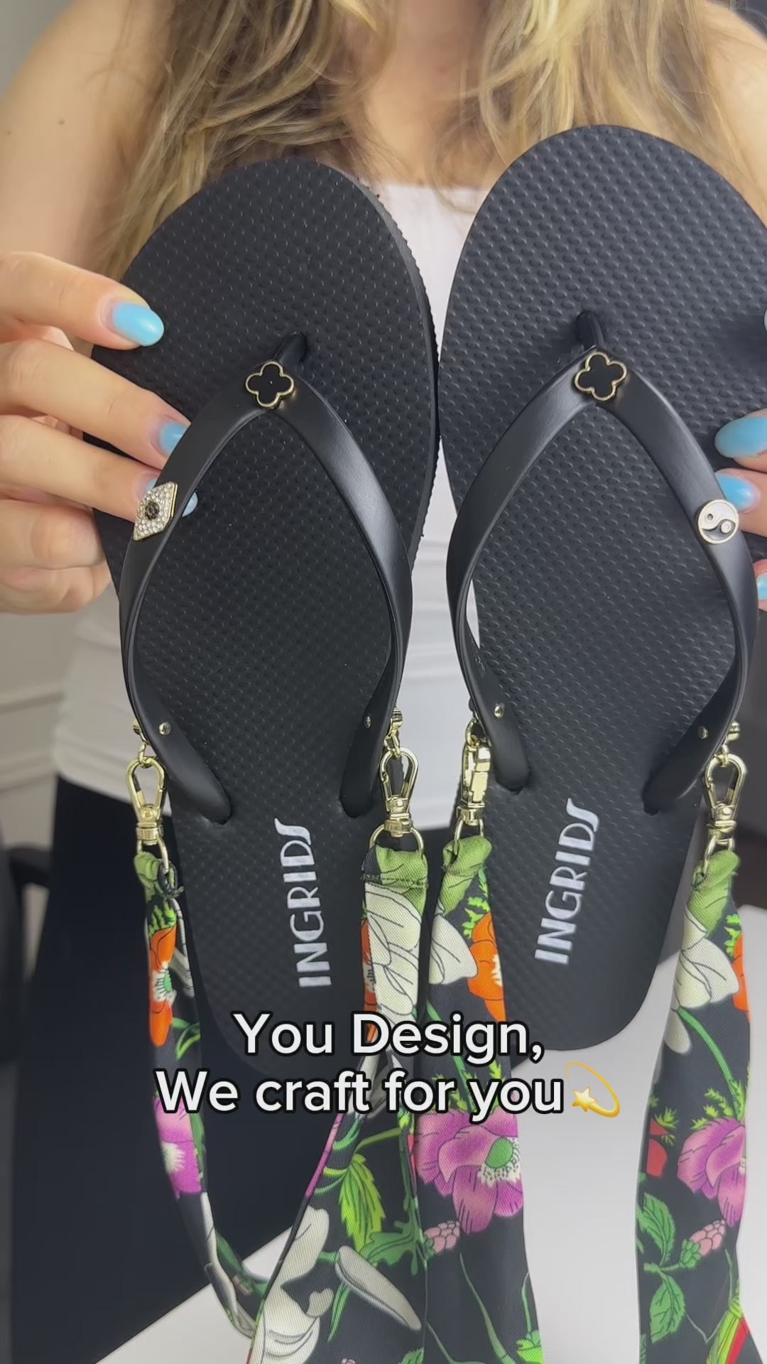 Women's Black Flip Flops with Clover Charms and Floral Detachable Ankle Straps-Floral Bloom
