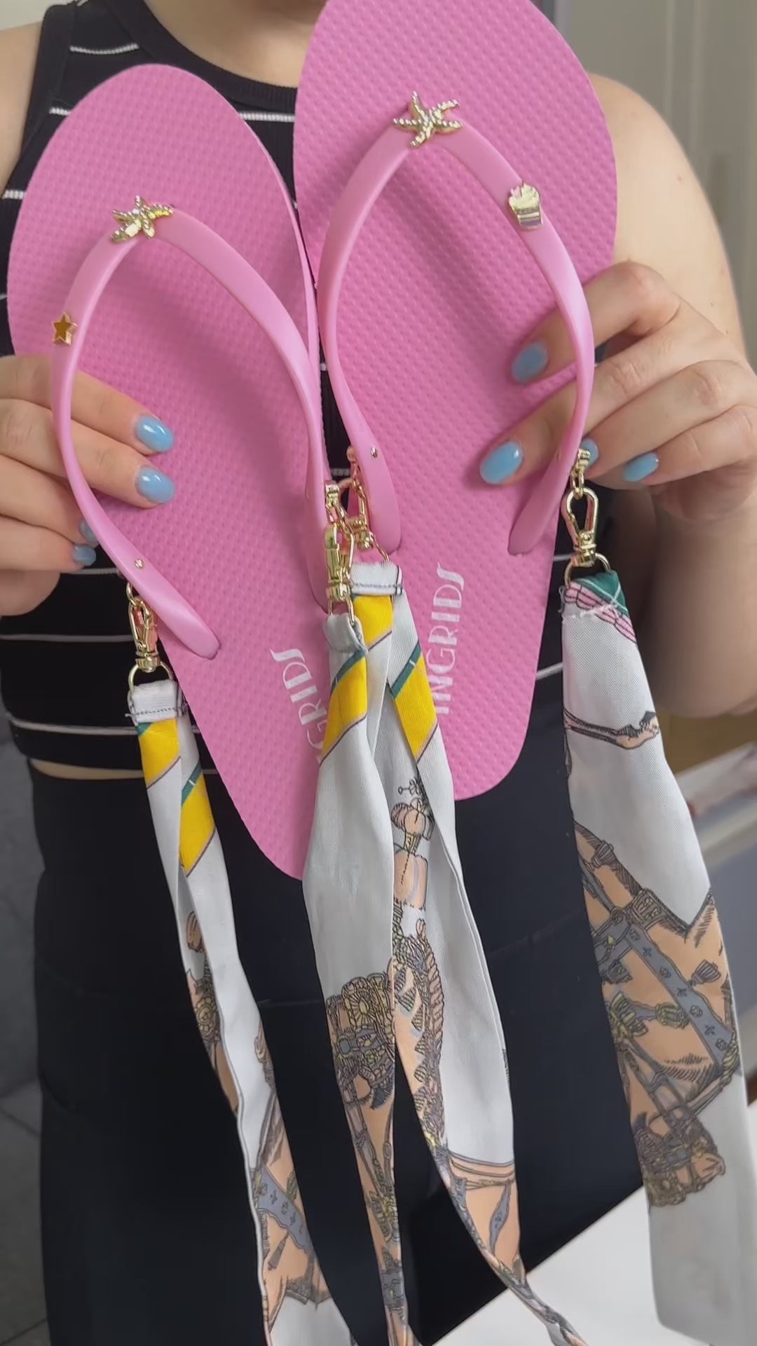 Women's Pink Flip Flops with Gold Starfish Charms and Detachable Ankle Straps- Pink Sorbet