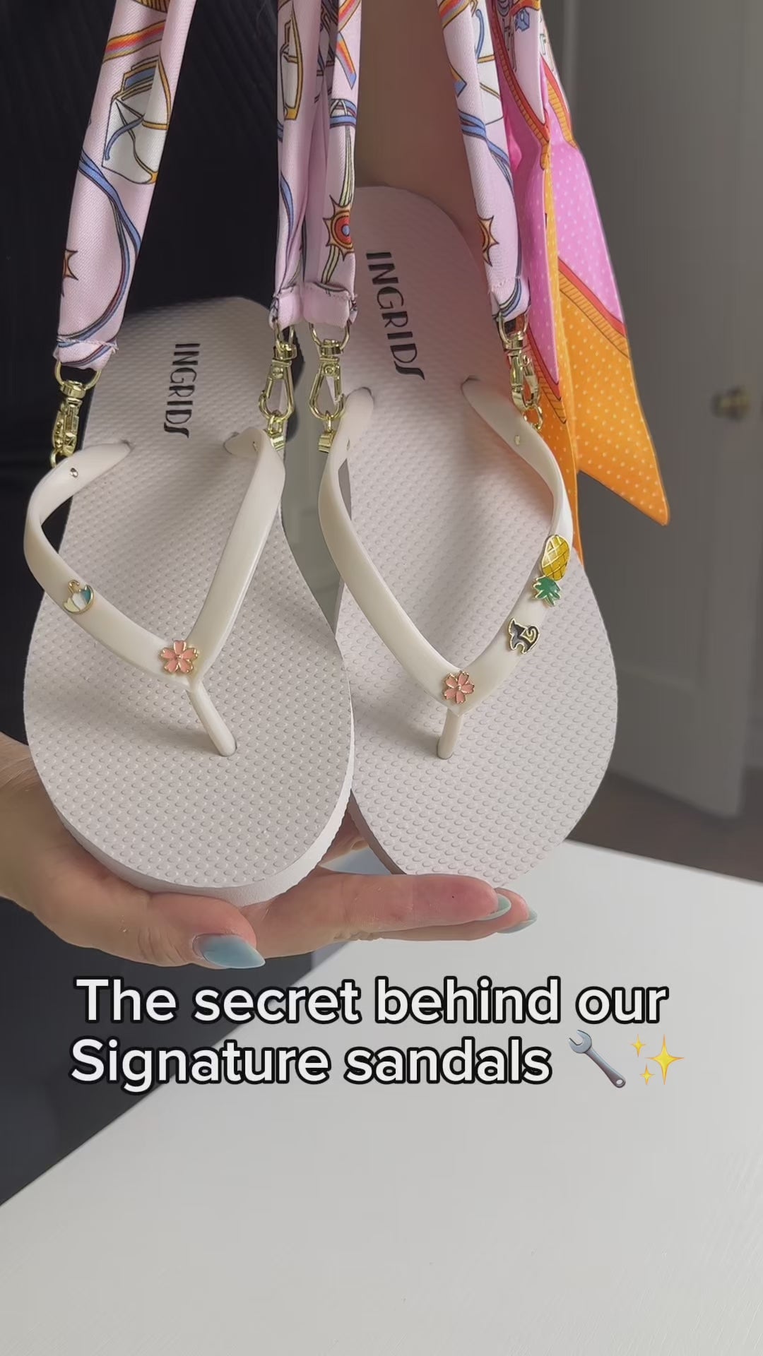 Women's White Flip Flops with Cute Charms and Pink Patterned Ankle Straps-Sweet Island