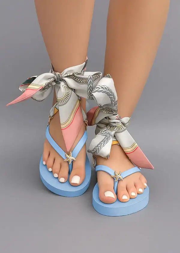 Women's Blue Flip flops with Starfish Charms and Pink Detachable Ankle Straps-Summer Breeze