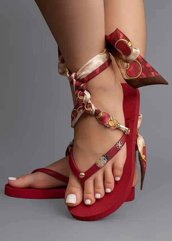 Women's Cherry Red Flip Flop Sandals with Cute Charms and Detachable Ankle Straps - Cherry Blossom