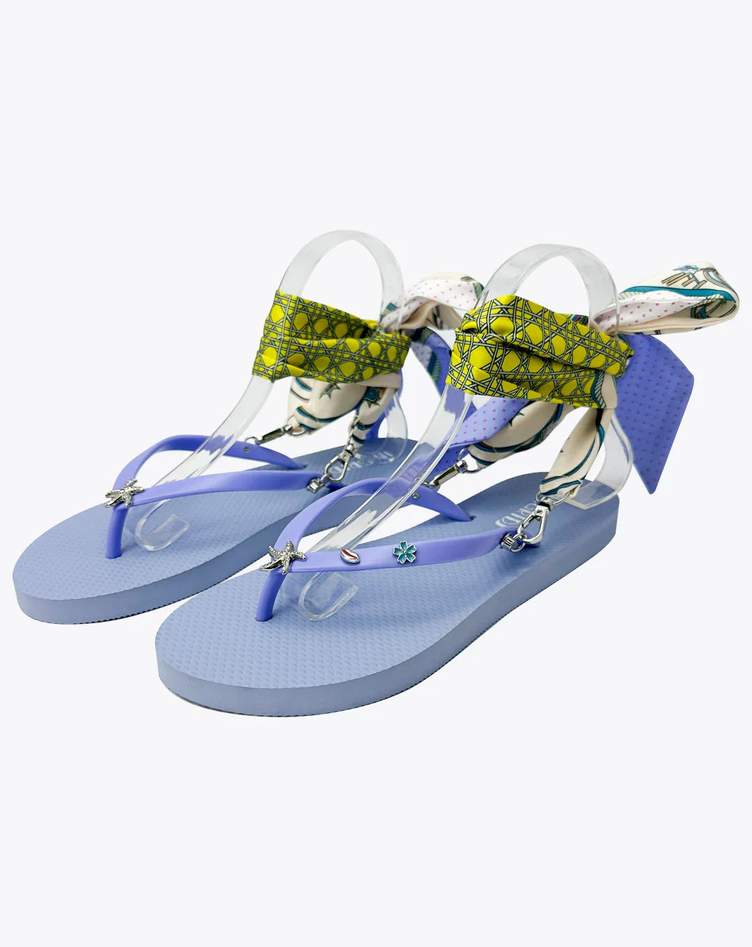 Women's Blue Flip Flop Sandals with Silver Starfish Charms and Detachable Ankle Straps- Stella Marina