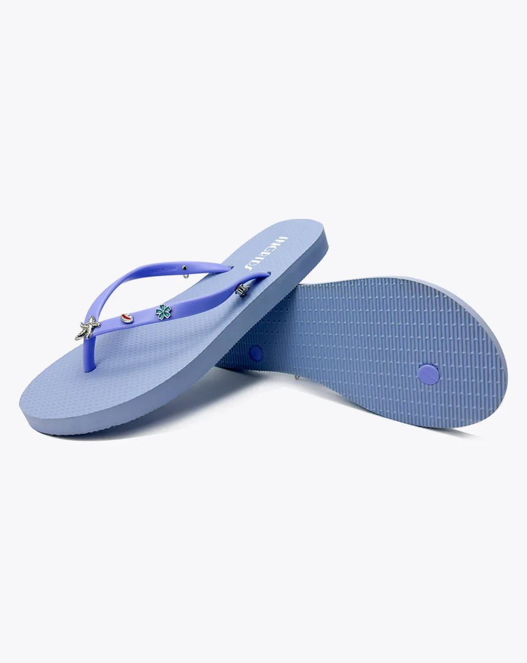 Women's Blue Flip Flop Sandals with Silver Starfish Charms and Detachable Ankle Straps- Stella Marina