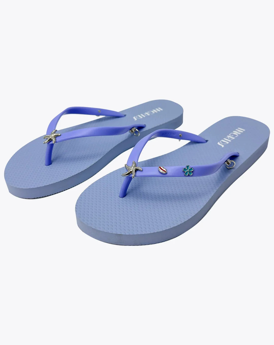 Women's Blue Flip Flop Sandals with Silver Starfish Charms and Detachable Ankle Straps- Stella Marina