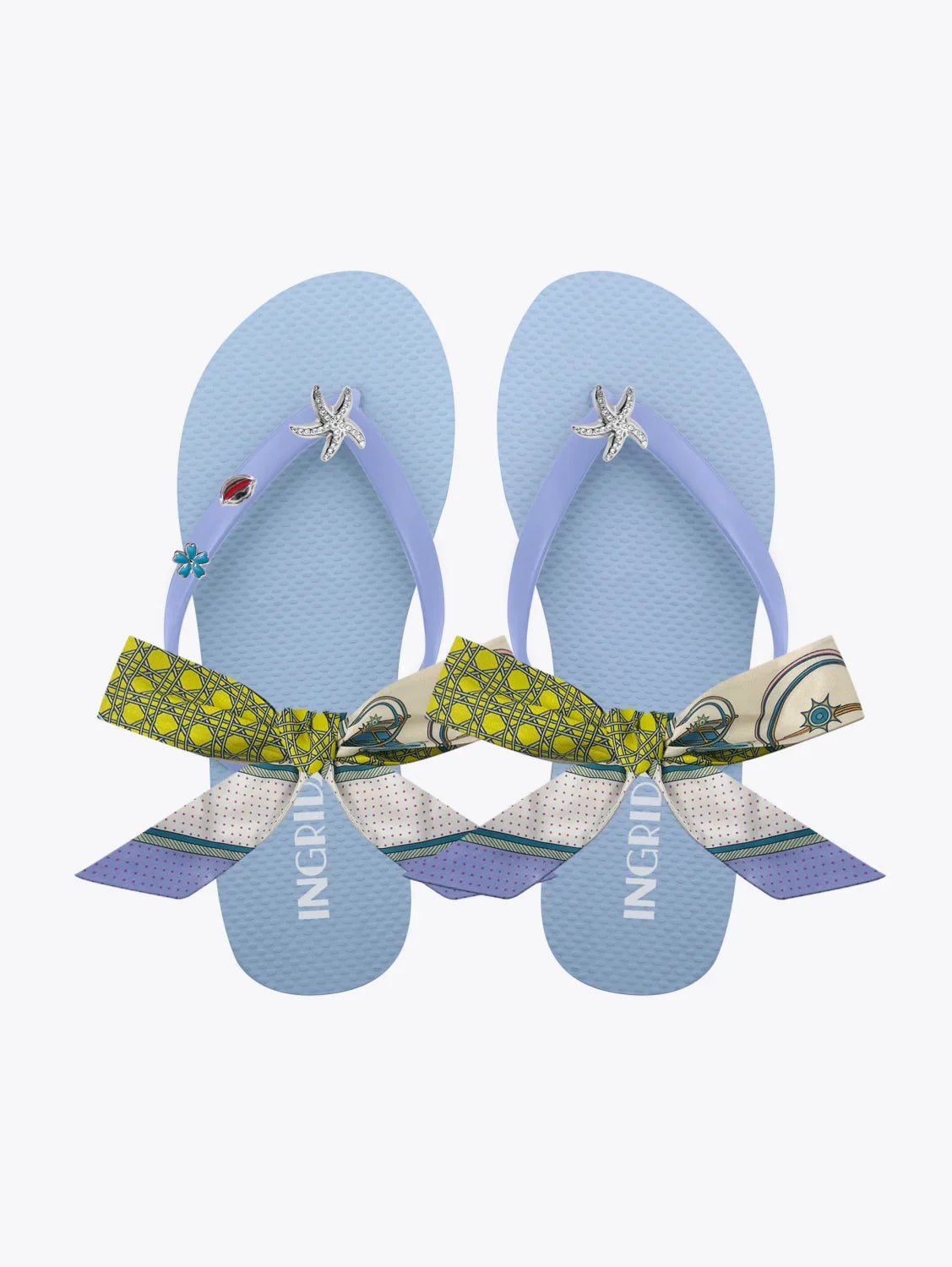 Women's Blue Flip Flop Sandals with Silver Starfish Charms and Detachable Ankle Straps- Stella Marina