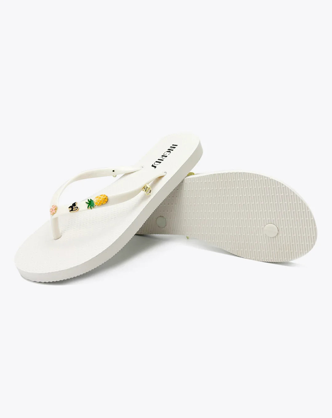 Women's White Flip Flops with Cute Charms and Pink Patterned Ankle Straps-Sweet Island