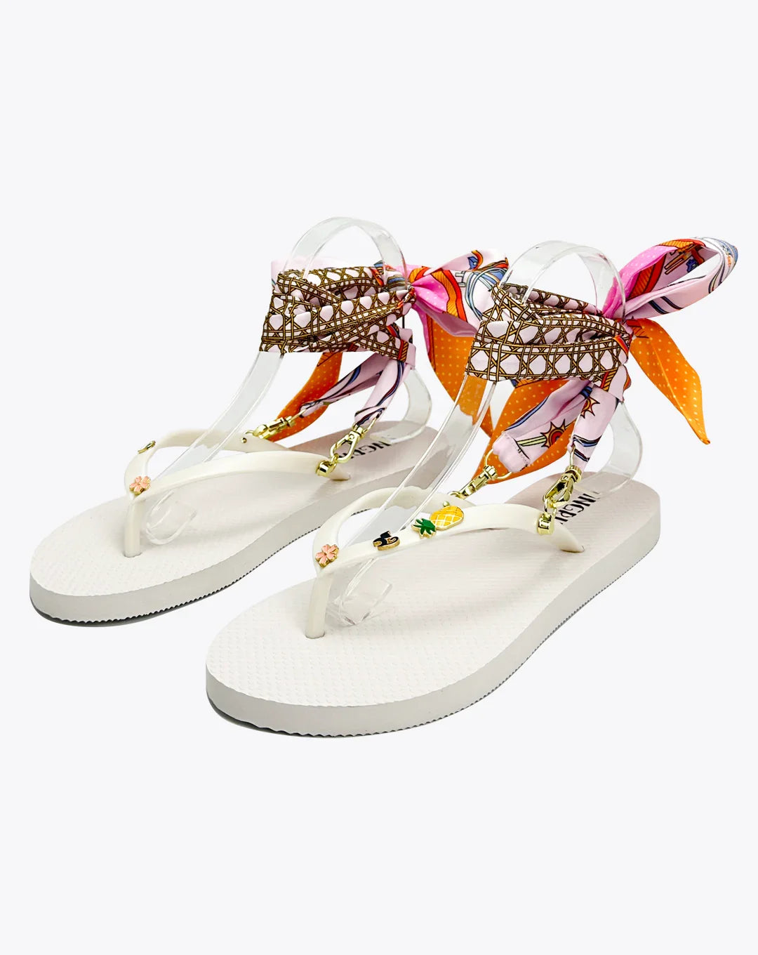 Women's White Flip Flops with Cute Charms and Pink Patterned Ankle Straps-Sweet Island