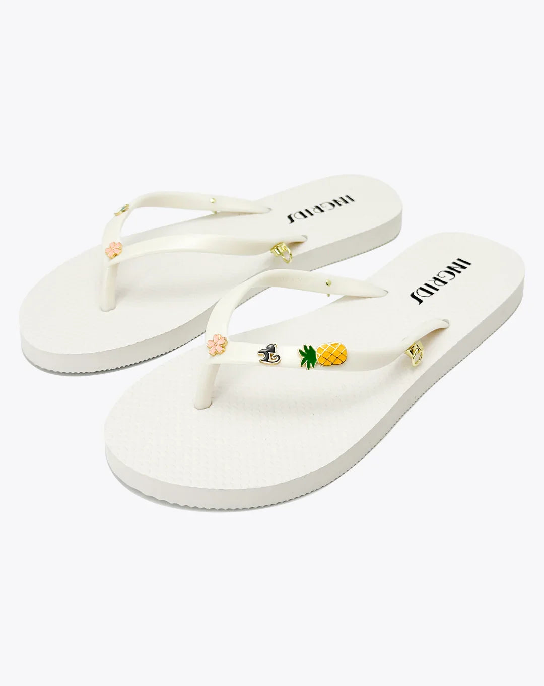Women's White Flip Flops with Cute Charms and Pink Patterned Ankle Straps-Sweet Island