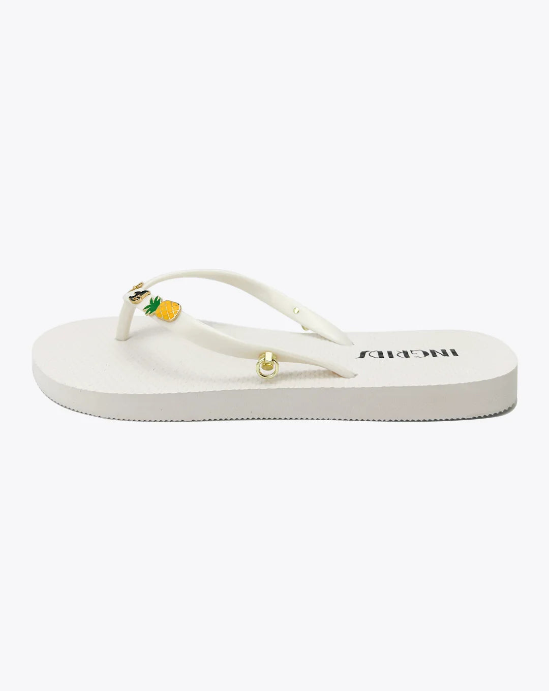 Women's White Flip Flops with Cute Charms and Pink Patterned Ankle Straps-Sweet Island