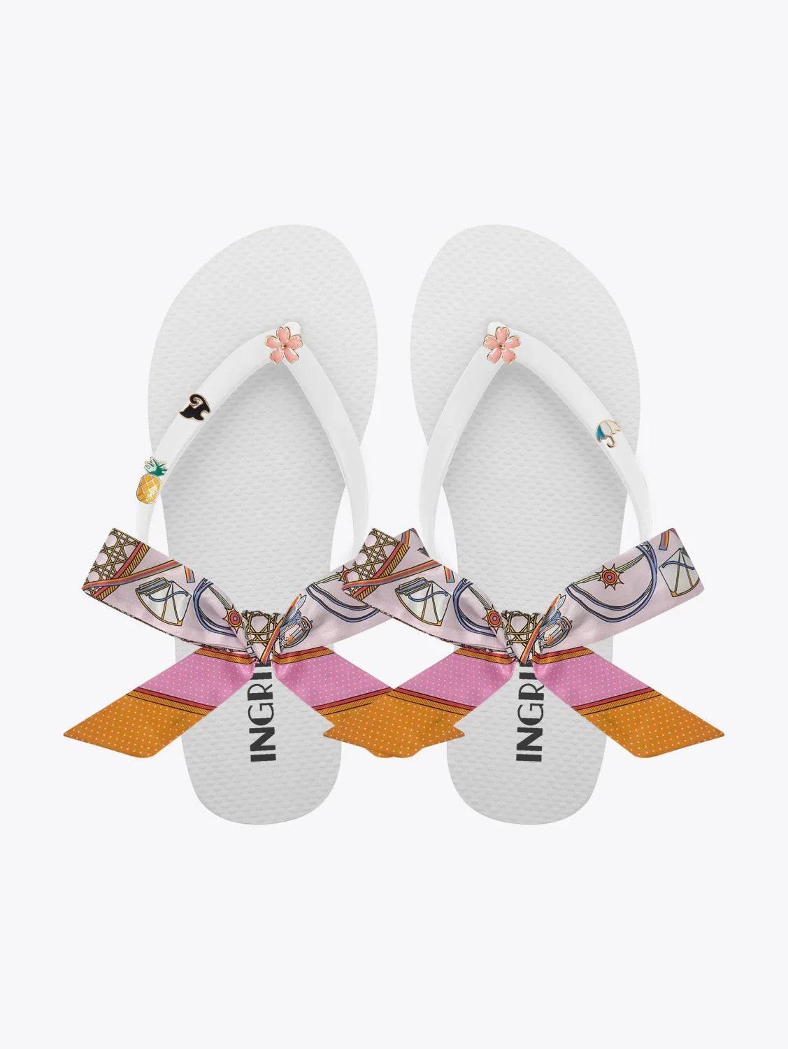 Women's White Flip Flops with Cute Charms and Pink Patterned Ankle Straps-Sweet Island